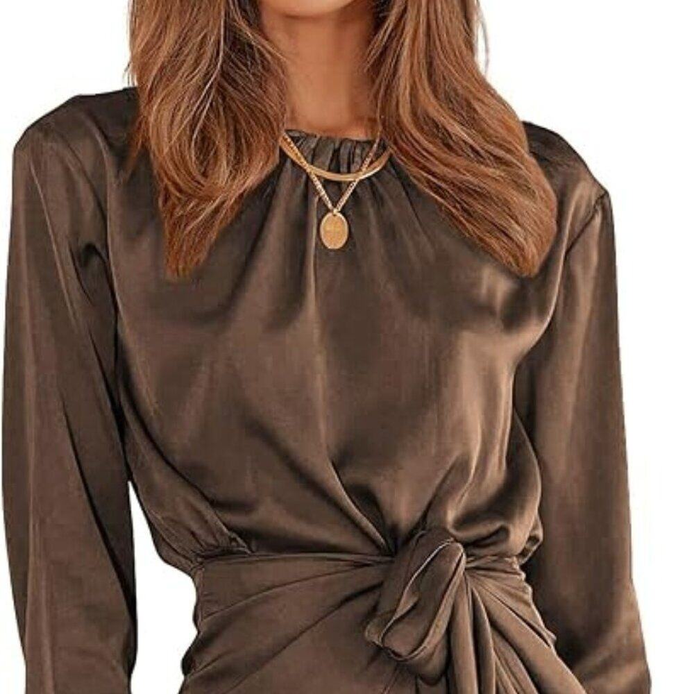 PRETTYGARDEN Women's Satin Brown Dress Long Sleeve Tie Waist Size Medium NWT